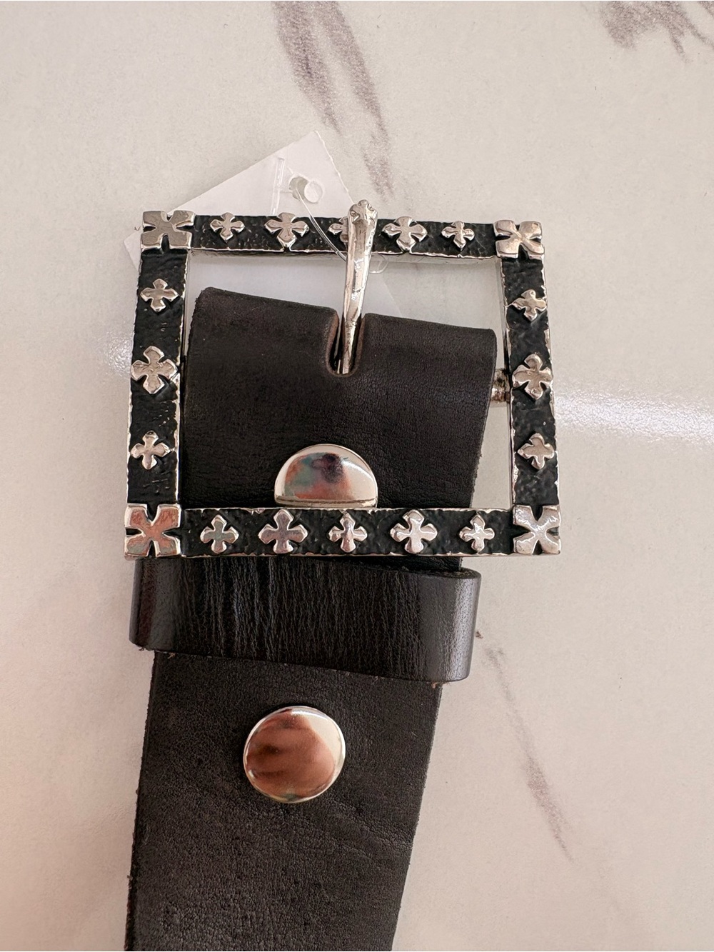 King Baby Studio Black Leather Belt with Silver Cross Motif Square Buckle